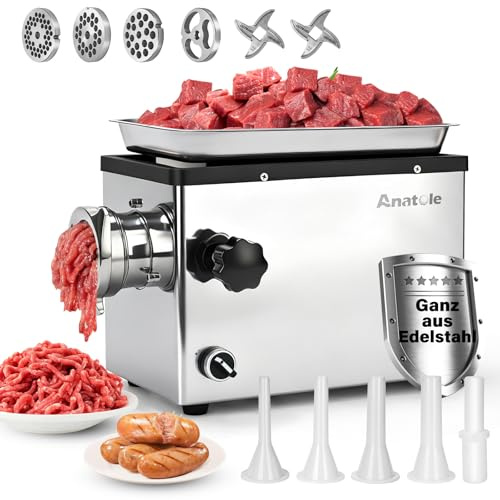 Anatole Fleischwolf Elektrisch Edelstahl Integral Wurstmaschine Profi 1100W | Knochenmühle, Spülmaschinenfest, 6/8/10mm/3-Loch Schleifplatten, 2 Klingen, 4 Wurstfüller, für Restaurant Hotel Hause, 220V