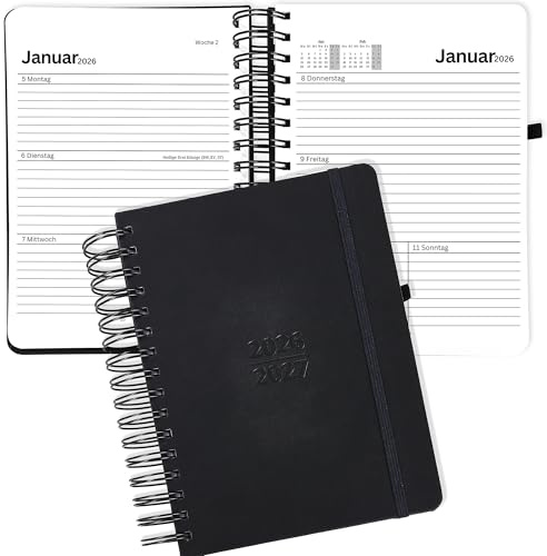 2 Jahre DIN A5 2026 2027 Terminplaner Kalender auf Deutsch, Terminkalender Wochen-Planer, Ausgaben Organizer, Agenda Wochenkalender Buchkalender mit Kunstleder-Hardcover & 120 g/m² Papier Schwarz