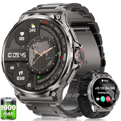 Smartwatch Herren Militär 1.92 HD Großes Display, 1000 mAh Akku Fitnessuhr mit 120+ Sportmodi, 5ATM Wasserdicht, Telefonfunktion, Herzfrequenz, Schlafmonitor, Sportuhr Herren für iOS Android Schwarz