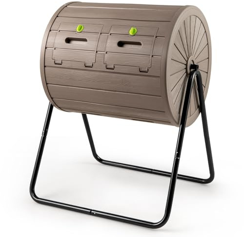 COSTWAY 142L Trommel-Komposter, Gartenkomposter Doppelkammer, 360° drehbar, Kompostschleuder mit 2 abschließbare Türen, Schnellkomposter aus PP & Metall, für Garten Balkon, 70x63x92cm (Kaffee)