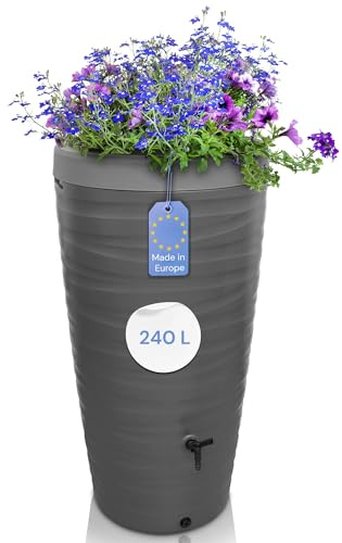 YourCasa Regentonne 240 Liter [Wave Design] Regenfass Frostsicher aus Kunststoff - Regenwassertonne mit Wasserhahn - Regenwassertank Garten Regenwassersammler Wasserfass Regentonne schmal (Grau)