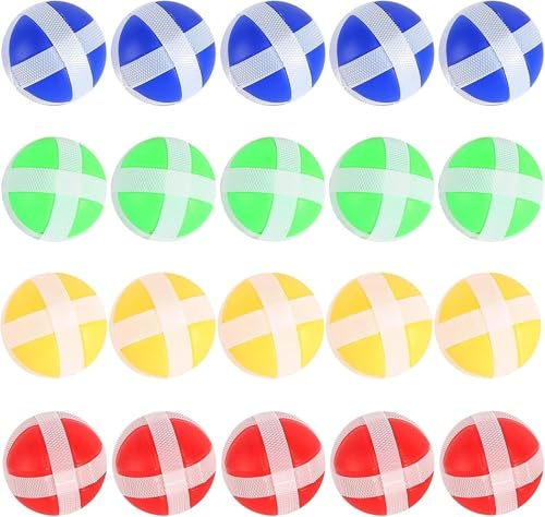LATRAT 20 Stück Klettballspiel Fangballspiel Ballspiel Set Ersatzbälle Paddle Ball Spiel Klett Wurfspiel für Drinnen Draußen, 4-Farben
