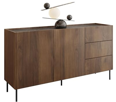 Mirjan24 Kommode Tewos K160 3SZ, Kombikommode mit 2 Türen und 3 Schubladen, Aufbewahrungsschrank, Mehrzweckschrank für Wohnzimmer, Esszimmer (Nuss Warmia + Marmor Schwarz)