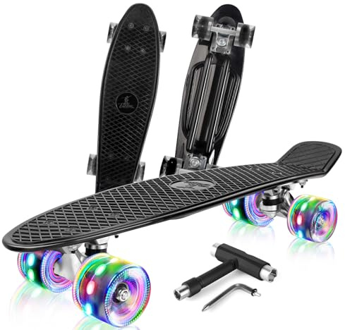 BELEEV Kinder Skateboard 22 Zoll mit LED Leuchtrollen Wheels, Komplette Mini Cruiser Skateboard für Kinder Jugendliche Erwachsene, LED Leuchtrollen mit All-in-one Skate T-Tool für Anfänger