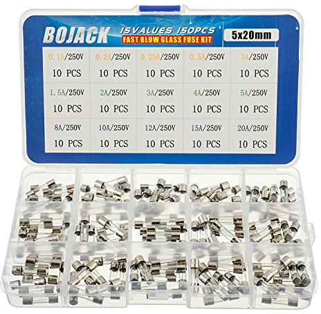 BOJACK 15 Values 150pcs Schnellschlag Glassicherungen Sortiment Set 5x20mm Sicherung 250V Sicherungen 0,1 0,2 0,25 0,5 1 1,5 2 3 4 5 8 10 12 15 20A Verpackung in einer durchsichtigen Kunststoffbox