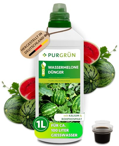 Purgrün® Bio-Wassermelone-Dünger 1 Liter – Saftig-süße Wassermelonen dank Spezial-Rezeptur – Premium-Flüssigdünger für den Bio-Anbau – Ohne tierische Inhaltsstoffe – Konzentrat für 100 Liter Wasser
