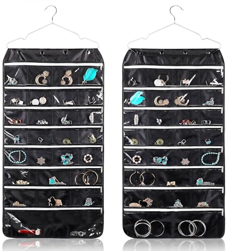 Flexzion Schmuck-Organizer zum Aufhängen mit Reißverschlusstaschen, schwarz, Schmuck-Organizer mit Aufhänger, 56 Taschen, doppelseitiger Ohrring-Organizer zum Aufhängen für Armbänder, Uhren, Ringe