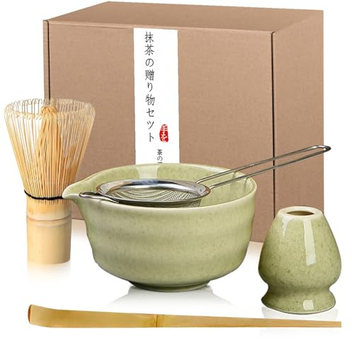 Cnwinu 5-teiliges Matcha Set,Japanese Ceramic Matcha Schale mit Ausguss,Matcha Besen,Matcha-Löffel und Sieb,Traditional Tea Ceremony Accessories Kit - Premium Matcha Tools for Authentic Preparation