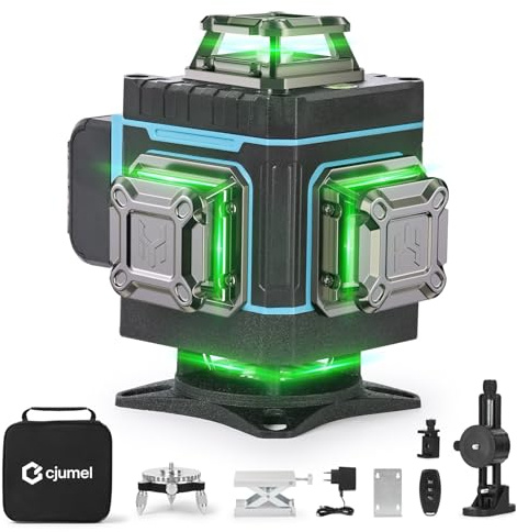 Kreuzlinienlaser - cjumel 4 x 360° Laser Wasserwaage Selbstnivellierendend, 4D 16 Linienlaser Grün Kreuzlaser für Innenbereich Baustelle Mit 6000mAh Batterien, Fernbedienung