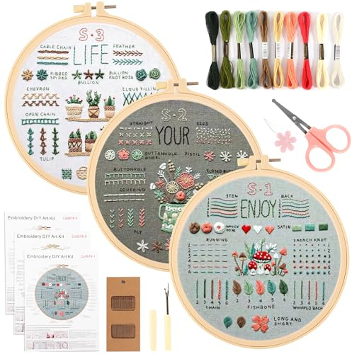 DELAESI Sticken Set Erwachsene Stickset für Anfänger Blumenmuster Pflanzen Embroidery Kit Kreuzstich Set Enthält Gestempelt Blume Muster Bambus Reifen Farbfäden Werkzeuge Anleitung