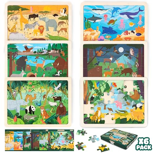 BONNYCO Holzpuzzle Kinder 6 Set 24 STK, Tieren aus Diversen Ökosystemen. Puzzle ab 3-8 Jahre, Lernspielzeug Jungen und Mädchen. Pädagogisches Geschenk für Kinder, Weihnachten