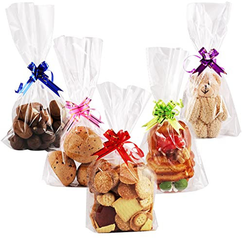 50 Cellophantüten, 15 x 25cm Transparente Zellophantüten mit 50 Schleifen | Plätzchentüten Große Tüten Zum Befüllen, Verpackungstüten für Geschenktüten Weihnachten Schokolade Keks