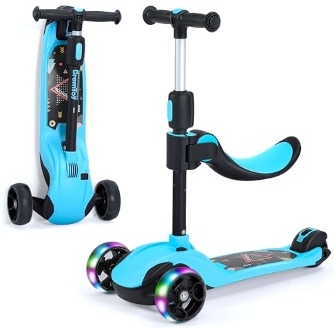 BremToy Roller Kinder mit Abnehmbarer Sitz, Kinder Roller mit Stufenlos Einstellbar, Kinder Scooter mit PU Rädern, Faltbarer Kinderroller für Kinder von 3-12 Jahren (Blau)