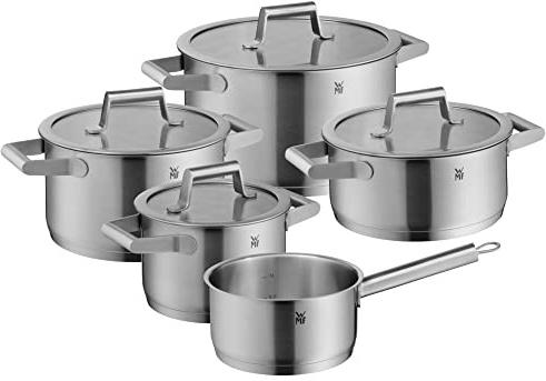 WMF Comfort Line Topfset Induktion 5-teilig, Kochtopf Set mit Glasdeckel, Cromargan Edelstahl mattiert, Skalierung, Induktions Töpfe Set stapelbar, unbeschichtet