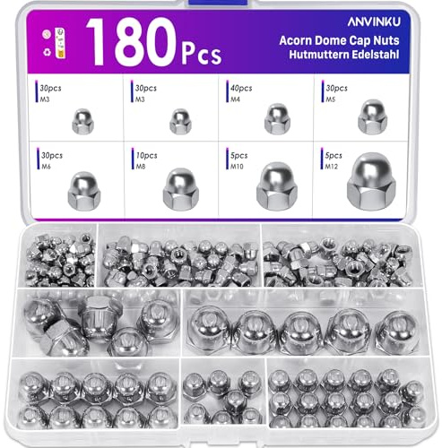 Hutmuttern Edelstahl, ANVINKU 180 Stück Sechskant Hutmuttern Hohe Form Set, M3/M4/M5/M6/M8/M10/M12 Hutmutter Set Edelstahl, Kuppelmuttern Hutmutter für Automotive, Motorrad, Möbel