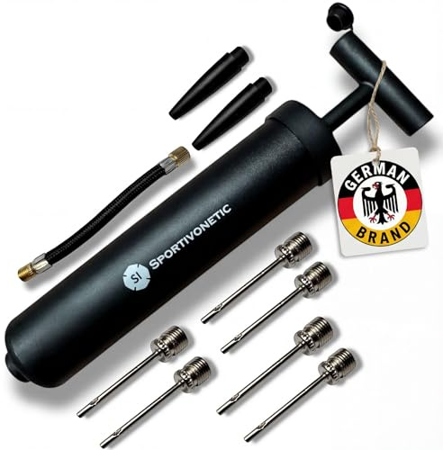 SPORTIVONETIC® Ballpumpe mit 6 Metallnadeln - 2 Kunsstoffnadeln - 1 Schlauch - geeignet für jeden Sportball Fußball, Volleyball, Basketball, Luftpumpe klein mit Nadel Nadeln schwarz