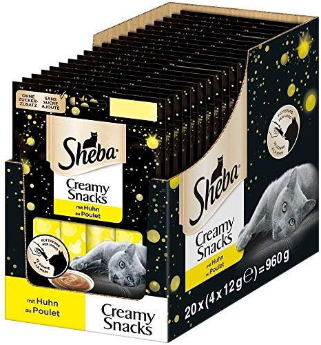 Sheba Creamy Snacks – Cremiges Katzen-Leckerli mit Huhn – Praktische Sticks zum aus der Hand Schlecken – 80 x 12g Katzenleckerchen