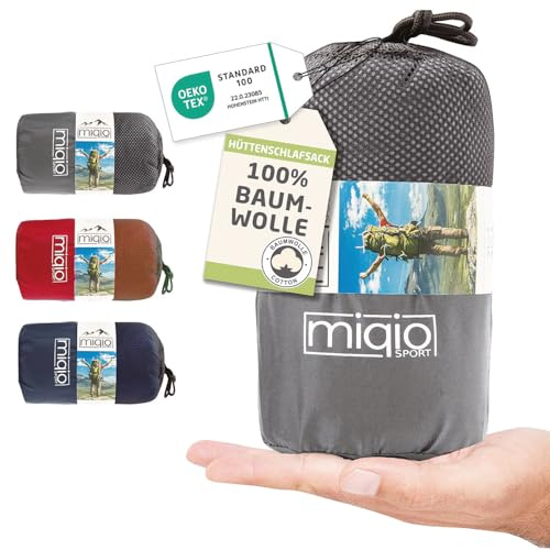 MIQIO® 2in1 Baumwoll-Hüttenschlafsack mit durchgängigem Reißverschluss (Koppelbar): Leichter Reiseschlafsack und XL Reisedecke in Einem - Sommer Schlafsack Innenschlafsack (Grau,Links)