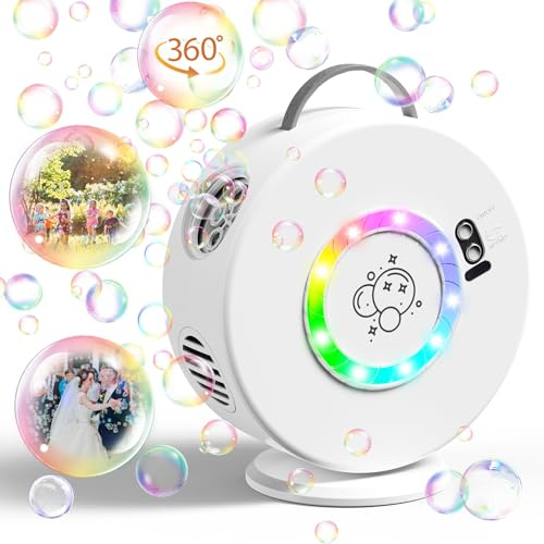 Seifenblasenmaschine Automatischer 90°/360°Drehbar, Tragbare Blasenmacher für Kinder, Schwarz Blasenmaschine, Elektrisches Blasenspielzeug für Outdoor/Hochzeit/Geburtstag Party (LED) (LED Weiß)