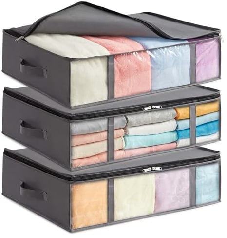 Lifewit 3 Stück 40L Unterbett Aufbewahrungsbox, Faltbare Unterbettkommode Aufbewahrungstasche Storage Boxes mit Deckel, Unterbett Aufbewahrung für Kleider Unterbett Kleiderschrank, Grau