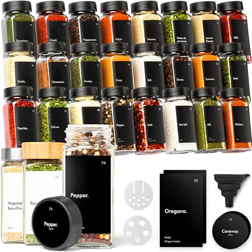 KIVY Gewürzgläser mit Streueinsatz - 24x 120ml + 240 Etiketten - Luftdicht | Wasserfeste Etiketten - Luftdichte Gewürzgläser Eckig - Gewürzstreuer Glas - Spice Jars Set - Gewürzbehälter - Schwarz