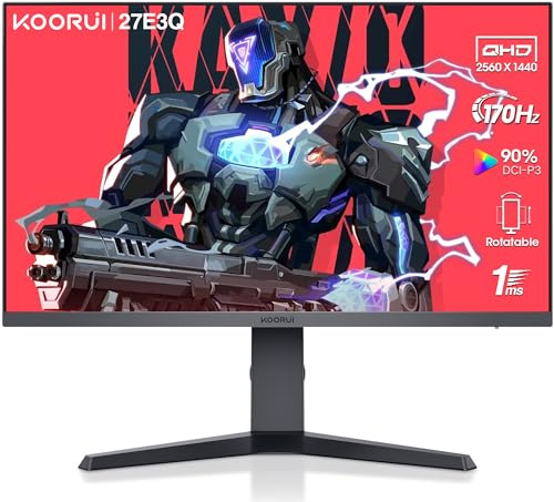 KOORUI Gaming Monitor 27 Zoll, 170Hz, IPS, 2K QHD(2560 x 1440p), HDR 400, 1ms, Adaptive Sync, DisplayPort, HDMI, 100% sRGB, Höhenverstellbar, Augenpflege, VESA 75x75