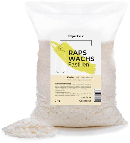 Oputec 2 KG Kerzenwachs-Pastillen – Kerzenwachs zum Gießen aus Raps – cremefarbenes Wachs für Kerzen selber machen & nachfüllen – eigene Kerzen aus natürlichem Rapswachs-Pastillen – Made in Germany
