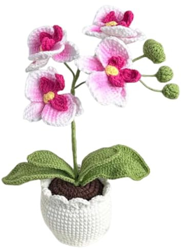 Magicherry Handgefertigte gehäkelte Phalaenopsis-Orchidee, Topfpflanzen, gestrickte künstliche Orchidee, Phalaenopsis-Blumen mit exquisitem Topf für Zuhause, Büro, Hochzeit, Tischdekoration, Rosa