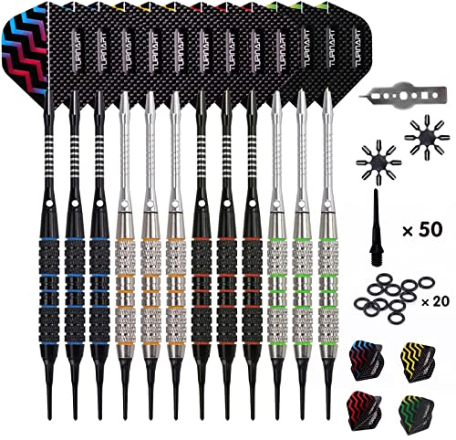 Turnart Dartpfeile mit Kunststoffspitze 9 Stück 18 Gramm 50 Dartspitzen | 20 Gummiringen 27 Flügen 9 PC-Wellen Werkzeugsatz für Elektronische Dartscheibe
