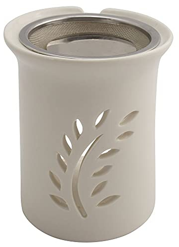 Räucherstövchen mit Edelstahlsieb & Metallscheibe – Design Friedenszweig, weiße Keramik, Höhe 11 cm – ideal für Weihrauch & Kräutermischungen
