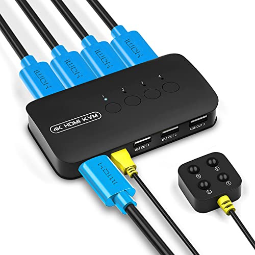 KVM Switch HDMI 4 Port, 4K HDMI USB Switch für 4 PC teilen sich 1 Monitor und Teilen Tastatur Maus Drucker Scanner mit Desktop Controller und KVM Kabeln