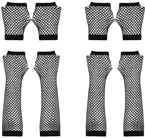 Quelcc Netzhandschuhe Schwarz, 4 Paar Fingerlose Handschuhe für Damen, Lang und Kurz, Netzhandschuhe für 80er Kostümpartys, Halloween und Cosplay Zubehör