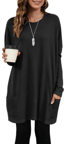 AUSELILY Longpullover für Damen Langarmshirt Lang Oversized Rundhalsausschnitt T-Shirts Sweashirt Tunika Damen Pulli Long-Shirt Kleid mit Taschen