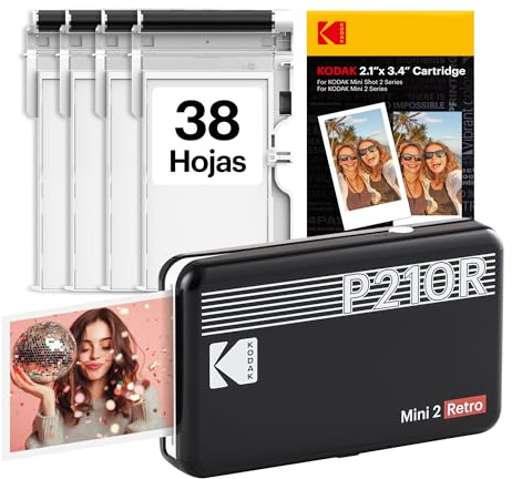 KODAK Mini 2 Retro 5,3 x 8,6 cm tragbarer Fotodrucker, 38 Blatt, Bluetooth-Smartphone-Drucker für iPhone und Android, sofortige Farbdrucke, 4-Pass-Farbsublimation