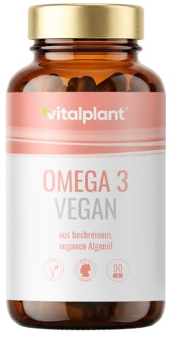 Vitalplant® Omega 3 Vegan | 250mg DHA + 150mg EPA pro Kapsel | 90 Kapseln hochdosierte Omega 3 Fettsäuren aus Algenöl | + Vitamin D3 | Pflanzliche Alternative zu Fischöl Kapseln