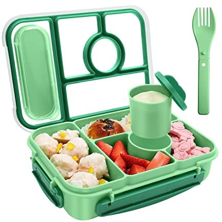 Amathley Brotdose Kinder mit Fächern,Bento Box Kinder,Brotdose Erwachsene,1300ML Lunchbox mit 5 Fächern und Saucenbehältern,Mikrowellen-und Spülmaschinenfest,BPA-Frei (Grün)