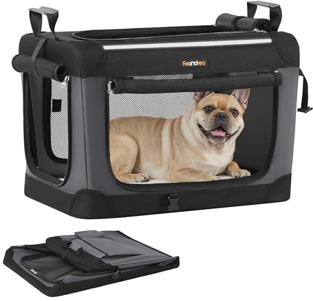 Feandrea Hundebox faltbar, 60 cm Transportbox für kleine Hunde, Hundetasche, Oxford-Gewebe, mit 4 Türen aus Netzstoff, Griffen, Taschen für Futter und Wasserflasche, tintenschwarz PDC016B01