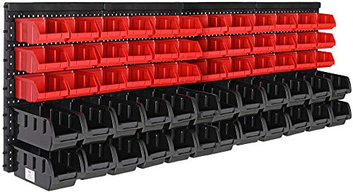 MONZANA Stapelboxen 64 Tlg. | Erweiterbar, Etiketenfach, Stabil, Stoßfest, 64x38 cm, Wandplatten, Wandregal, Werkstattregal, Werkzeuglochwand