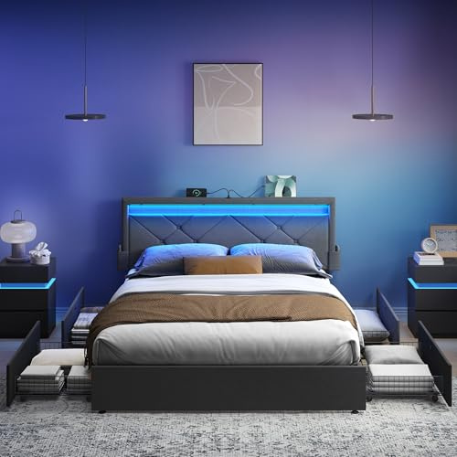VASAGLE Doppelbettgestell, Bettgestell, passend für 140 x 200 cm Matratze, LED, Metallbett, 4 Schubladen, Ladestation, verstellbares gepolstertes Kopfteil, schiefergrau RMB827G02