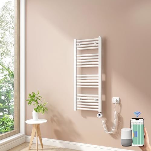 Heilmetz Smart WiFi Badheizkörper Elektrisch 100x40cm Elektrischer Handtuchtrockner mit Thermostat und Timer-Funktion Gerade Handtuchheizkörper Weiß 300W