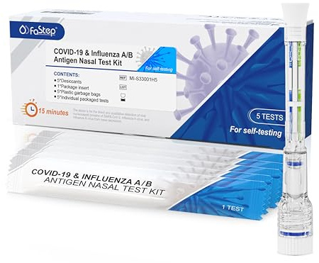 Fastep Corona Schnelltest und Grippe Test für Zuhause, Covid 19 & Influenza A/B Antigen Test Zur Eigenanwendung, Coronatests Selbsttest Bausatz, 5 Stück