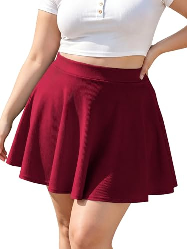 Moon Wood Damen Basic Lässig Mini Skater Rock Kurz Hohe Taille Große Größen | Informell Ausgestellter Minirock Faltenrock Stretch Röcke Mit Breitem Bund Plus Size