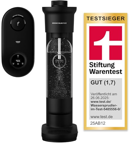 GROHE Blue Fizz, Wassersprudler Starter Set (mit CO2-Füllstandsanzeige, 3 einstellbare Sprudel-Stufen, ohne CO2 Flasche, 1x 0,85l Wasserflasche + Reinigungspulver), schwarz, 31947K00