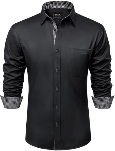 siliteelon Hemd Herren Anzughemd Faltenfrei Langarm Business Stretch Hemd mit Tasche für Formelle Anlässe Schwarz L