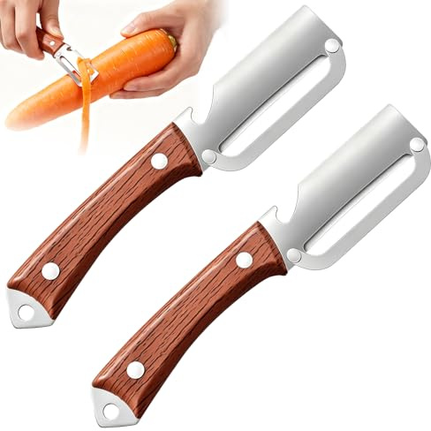 2 Stück Multifunktionaler Gemüseschäler SparschäLer, 3-in-1 SchäLer Mit Holzgriff Aus Edelstahl, Obst und Gemüseschäler mit Integriertem FlaschenöFfner für Obst, GemüSe Fleischscheiben.