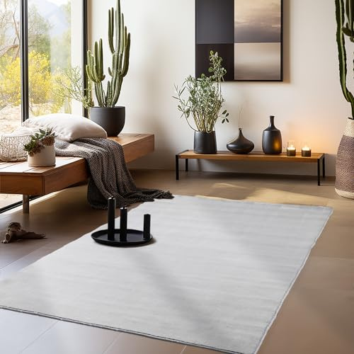 HomebyHome Waschbarer Kurzflor Teppich 160 x 230 cm Silber modern einfarbig und weich maschinenwaschbar pflegeleicht für Wohnzimmer Schlafzimmer und Esszimmer