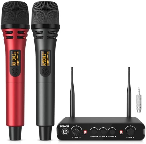 TONOR Dual Funkmikrofonen System kabellos, drahtloses Karaoke Mikrofon Set Wireless Microphone Handmikrofon dynamisch mit Empfänger, 60 m für Hochzeit Party Kirche Vortrag Bühne Reden TW350 Silber-Rot