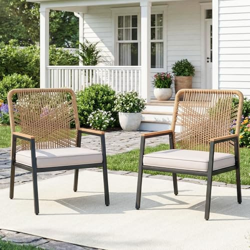 LIFERUN Gartenstuhl Rattan 2er Set, Terrassenstühle, witterungsbeständig, Balkonstühle Metall und PE Rattan, mit 8 cm Sitzkissen, Max Tragfähigkeit 160 kg, WPC Armrest, für Terrasse Garten, Beige