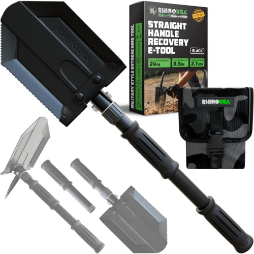 Rhino USA Klappspaten mit Hacke - Mini Spaten für Outdoor & Camping | Kompakte Klappschaufel aus Karbonstahl für Camping, Garten & Strand. Für Erde, Sand, Schlamm & Schnee. Schwarz