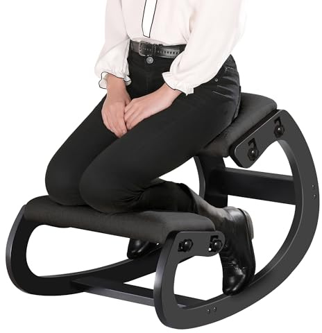 Predawn Ergonomischer Kniestuhl, Verstellbarer Kniehocker mit Wippfunktion, Massivholzrahmen und Leinenbezug, bis 120kg, fuir Homeoffice, Lernen und Meditation (Schwarz)